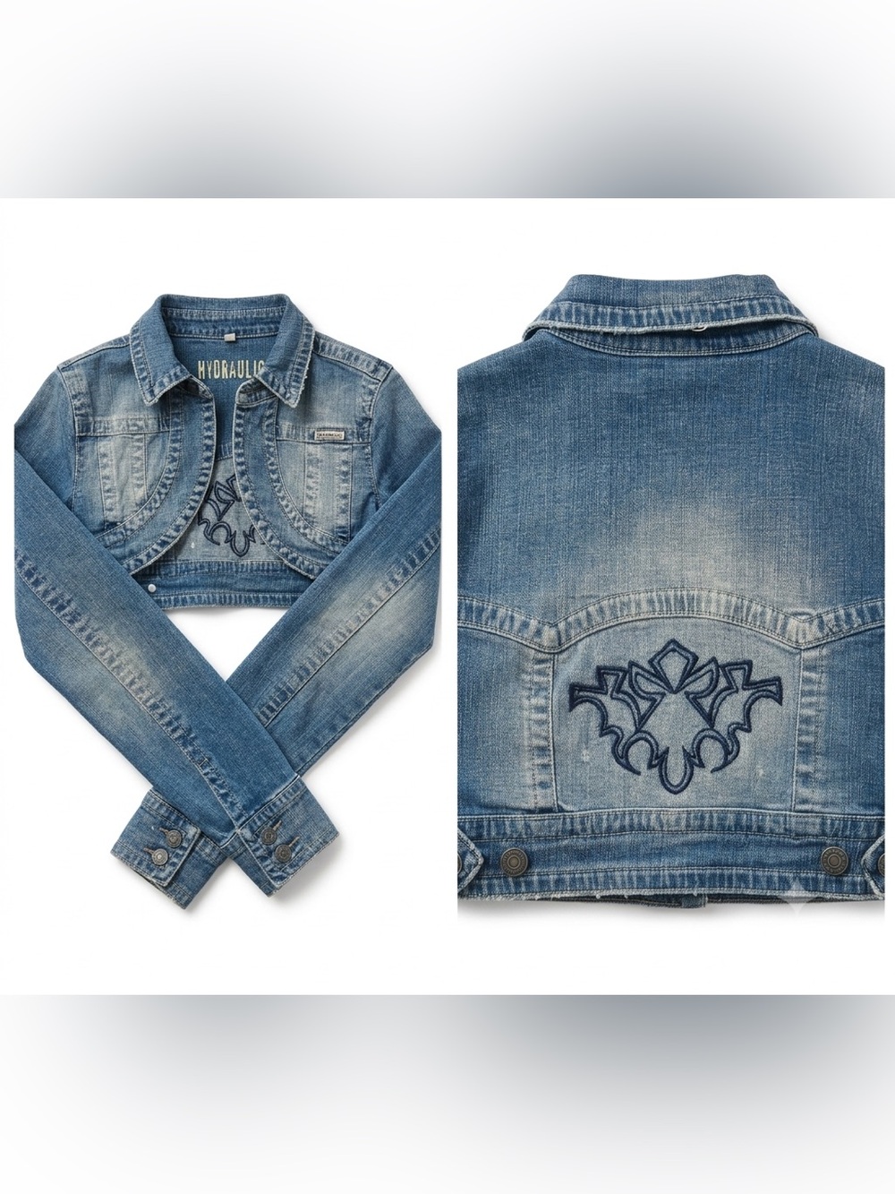 Hydraulic Vintage Y2K‎ Cropped Denim Shrug Jacket Embroidered Back M